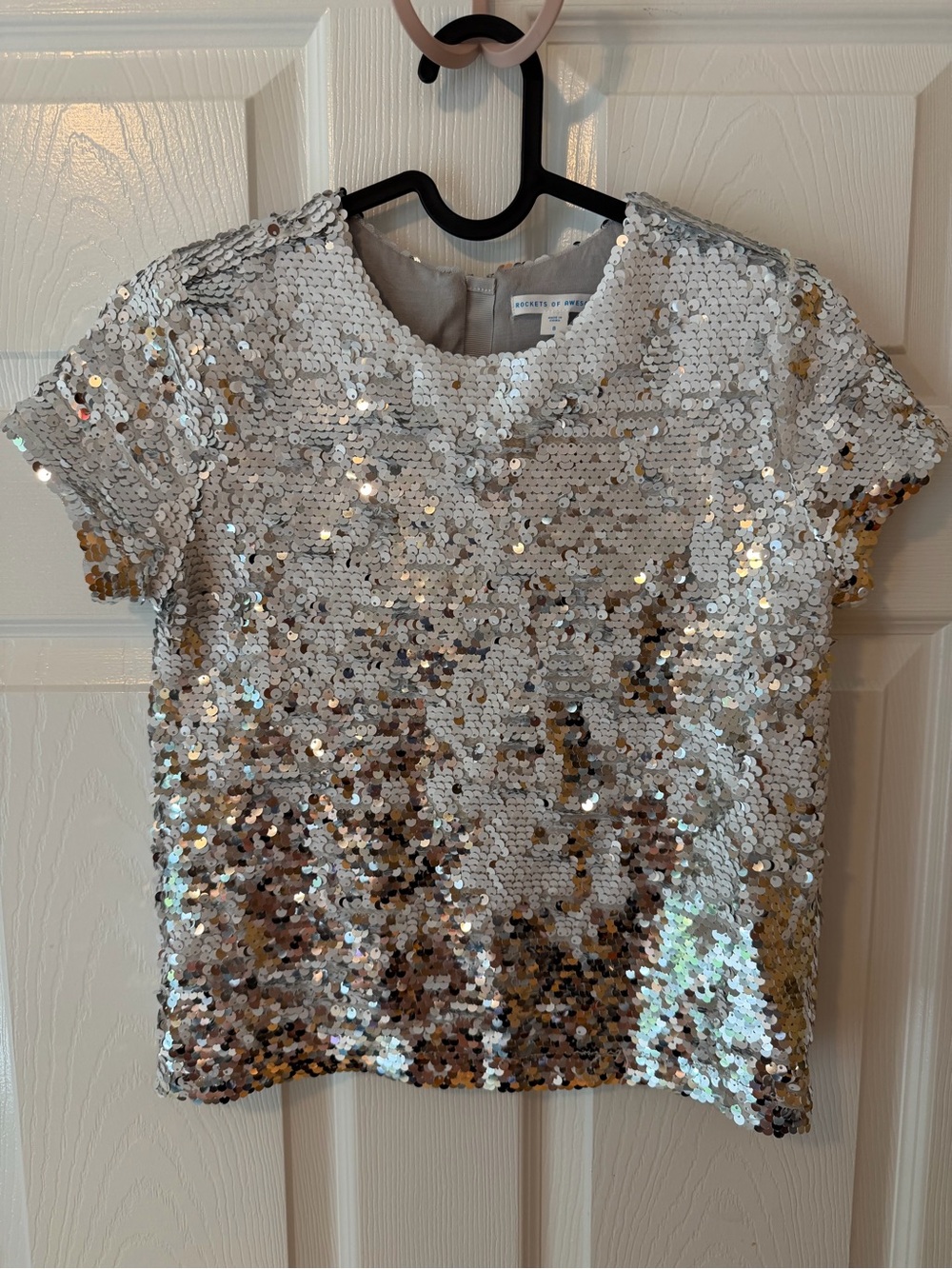 Sequin Short Sleeve Top - Silver and White Rockets of Awesome